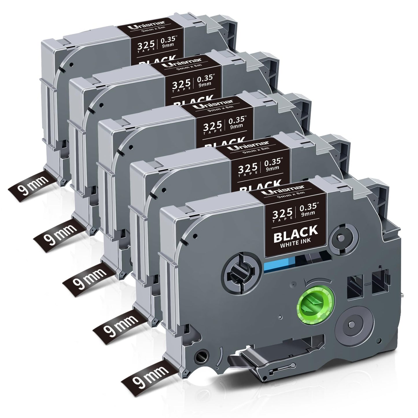 Unismar Compatible Label Tape Replacement for Brother TZe-325 TZe325 TZ325 for PT-D200 PT-D210 PT-D600 PT-D400 PT-H100 PT-H110 PT-1280 Label Maker, 3/8 inch x 26.2 feet, White on Black, 5-Pack