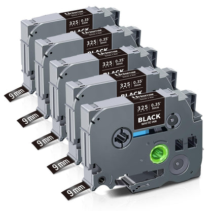 Unismar Compatible Label Tape Replacement for Brother TZe-325 TZe325 TZ325 for PT-D200 PT-D210 PT-D600 PT-D400 PT-H100 PT-H110 PT-1280 Label Maker, 3/8 inch x 26.2 feet, White on Black, 5-Pack