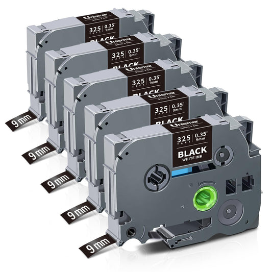 Unismar Compatible Label Tape Replacement for Brother TZe-325 TZe325 TZ325 for PT-D200 PT-D210 PT-D600 PT-D400 PT-H100 PT-H110 PT-1280 Label Maker, 3/8 inch x 26.2 feet, White on Black, 5-Pack