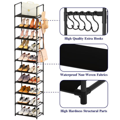 Shoe Rack, 10 Tier Tall Shoe Storage Organizer for Closet Entryway, 20-24 Pairs Narrow Metal Shoe Stand Shelf Holder Space Saving（Black）