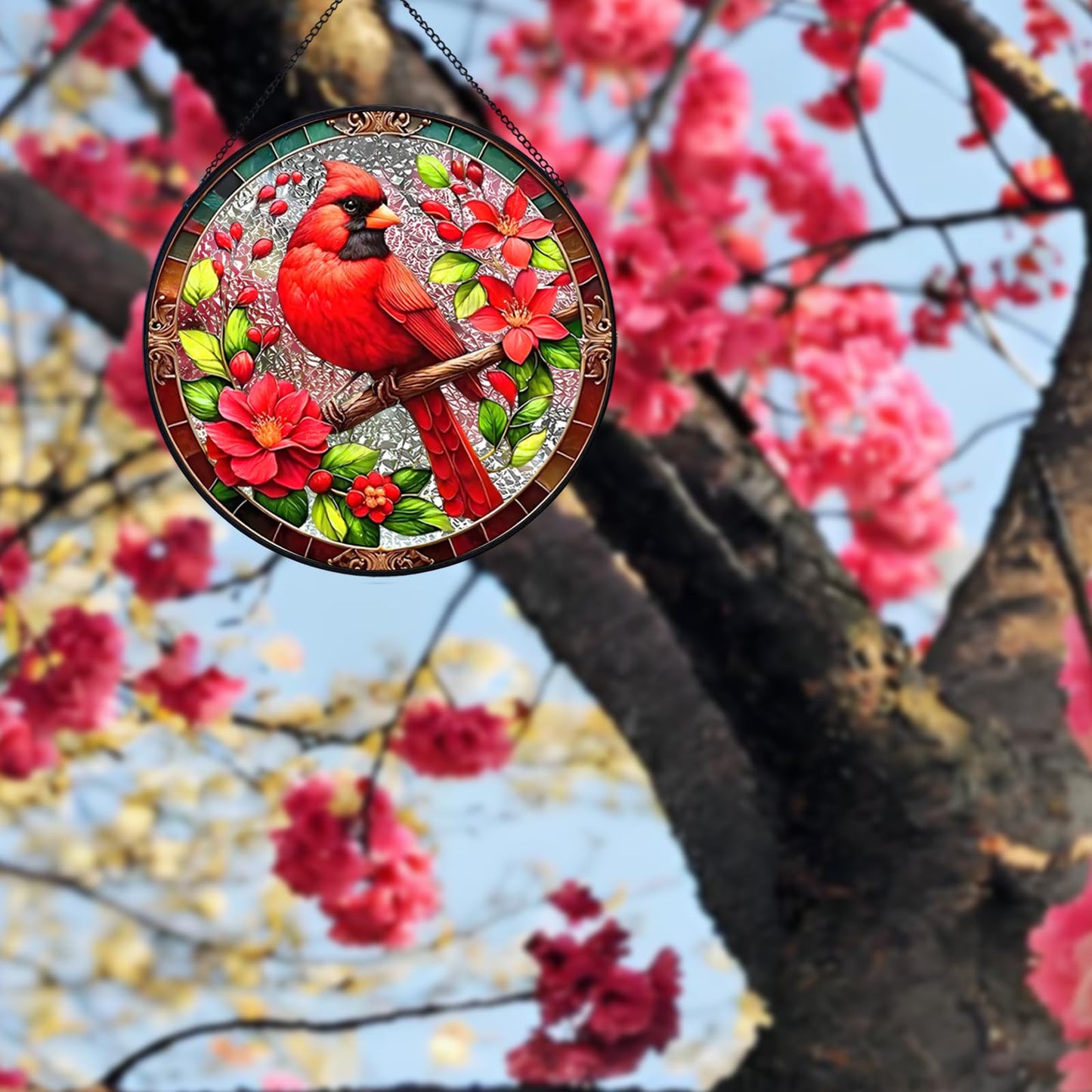 RIVEENY Cardinal Suncatcher Stained Glass, Stained Glass Window Hanging, Cardinal Gifts for Women, Red Birds Suncatchers for Windows, Hand Painted Glass for Birds Lover 20cm/7.87inch