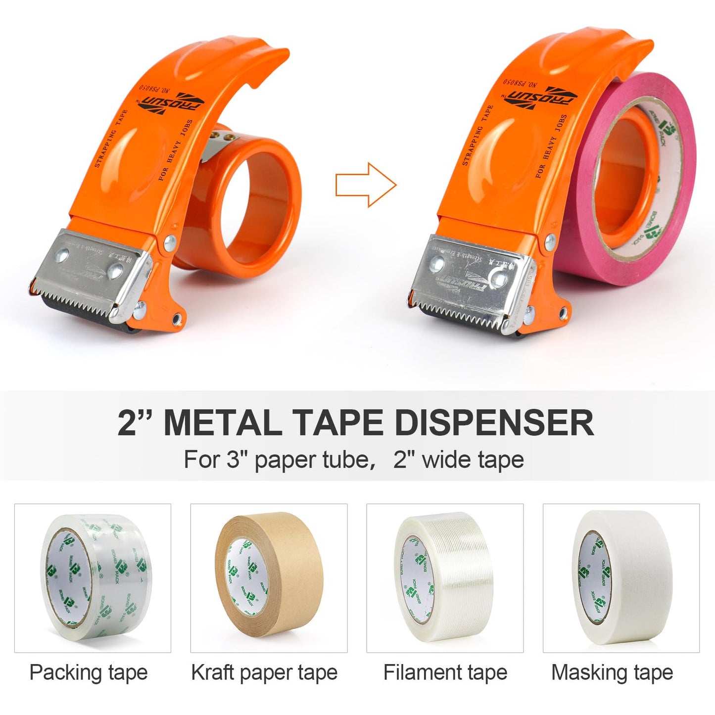 BOMEI Pack Metal Packing Tape Dispenser, 2inch Heavy Duty Handheld Heavy Tape Dispenser, 2Pcs, Orange