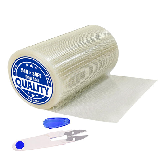 5 in x 39FT RV Awning Repair Tape Kit – Heavy Duty Waterproof Tear Repair Patch for Tarp, Canvas, Tent, Fabric, Canopy, Boat Covers, Sail – Clear Reinforced Fiberglass Repair Tape