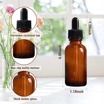 Comrzor 24 Pack 1oz Amber Glass Bottles with Glass Eye Droppers for Essential Oils, Perfumes (Brush, Funnels, 2 Extra Droppers, 36 Pieces Labels & 30ml Measuring Cup Included)