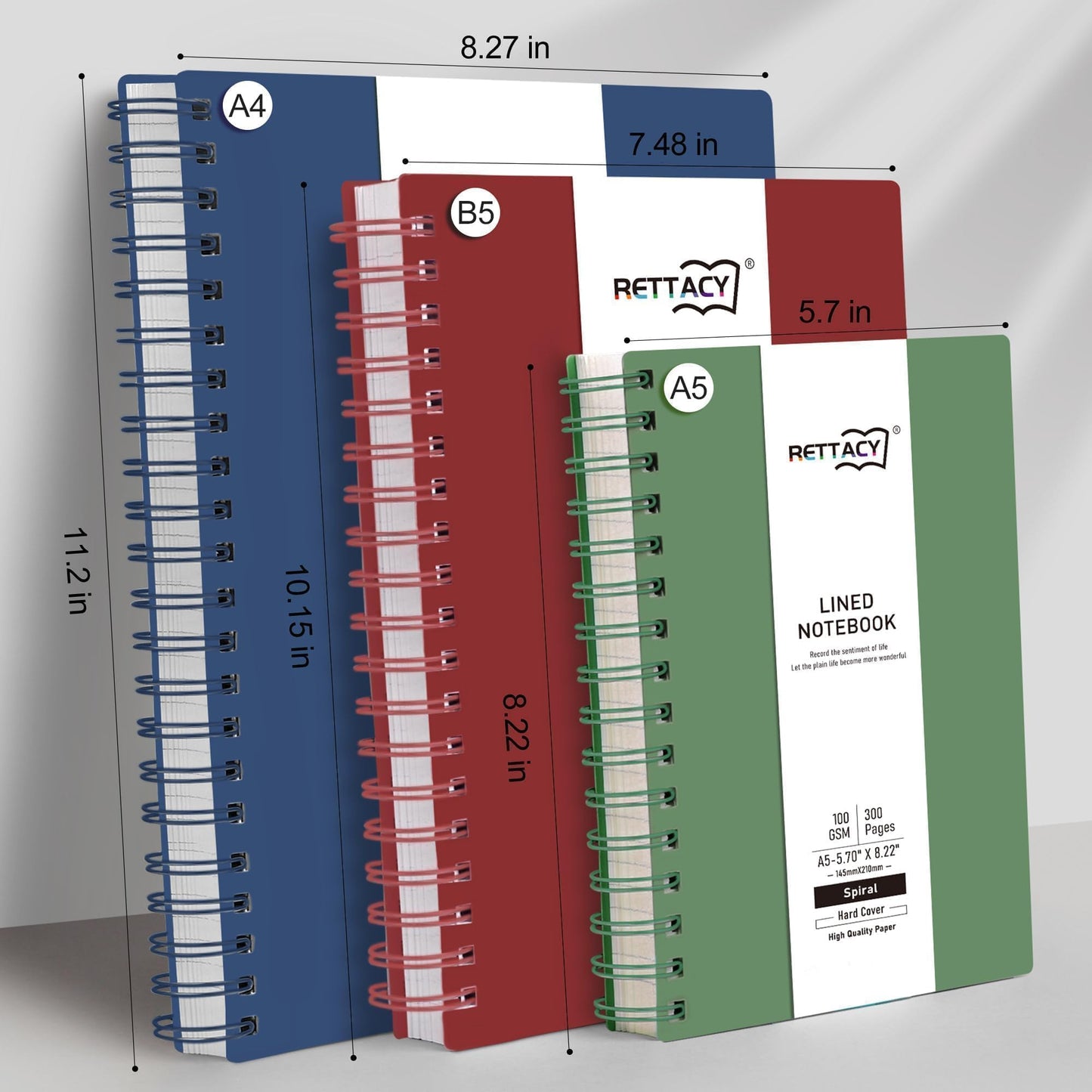 RETTACY Spiral College Ruled Notebook, 300 Pages, A4 Large Size (21 x 28 cm), for School, Work, Journaling, 100 GSM Thick Paper, Flexible Plastic Cover (Dark Green)