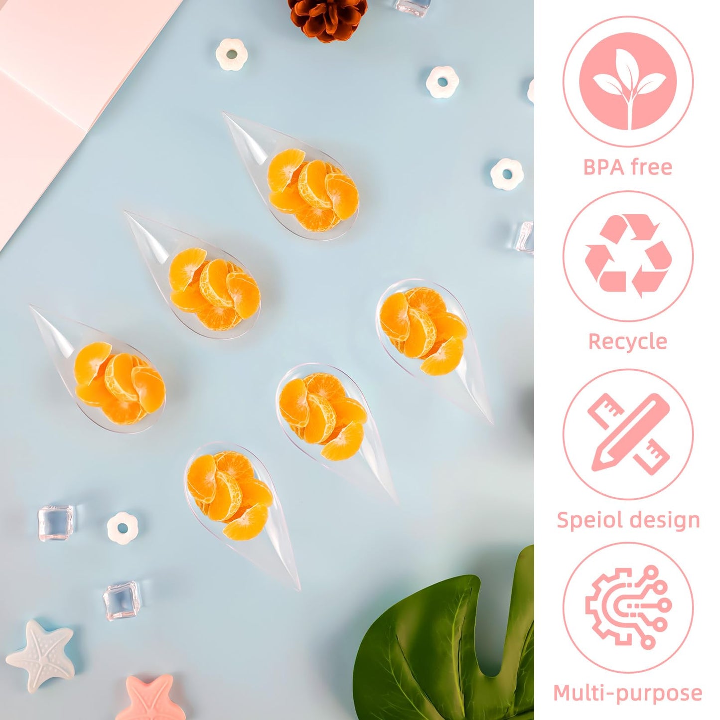 LIOUCBD 200Pcs Tear Drop Mini Appetizer Plates, Plastic Dessert Cups, Clear Tasting Spoons, Disposable Asian Spoon for Serving Small Desserts Cakes Bowls Appetizers Sample Serving Party