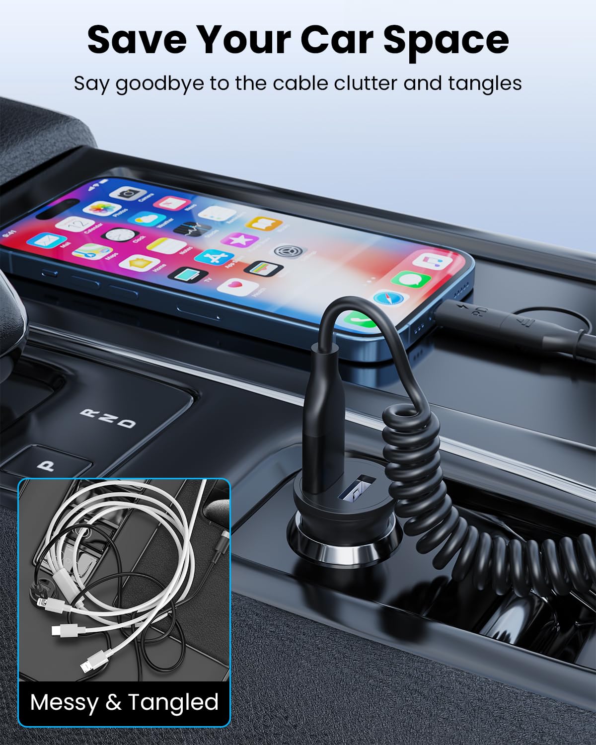 2-Pack Coiled USB Cable, USB to USB C and Lightn-ing Cable 4-in-1, Car Carplay Cable, Fast Charging Cord for iPhone 17 16 15 14 13 12, iPad, MacBook, Galaxy, Note & More - 4ft/Black