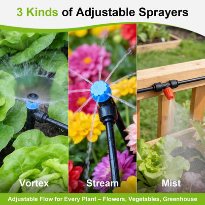 100FT Quick-Connect Drip Irrigation Kit, Automatic Garden Watering System with 1/2" & 1/4", 3 Adjustable Sprayers (Vortex, Stream, Mist), Barbed Tees for Raised Beds, Greenhouse, Patio, Potted Plants