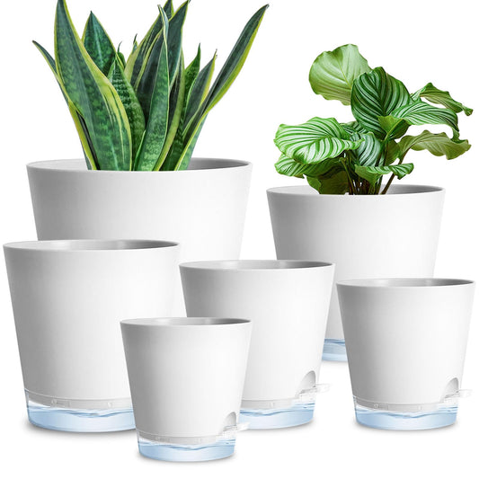 6 Pack Plant Pots with Clear Reservoirs 7/6.5/6/5.5/5/4 Inch Self Watering Planters for Indoor Plants Visible Water Level Flower Pots Rope and Drainage Holes for Home Garden(White)