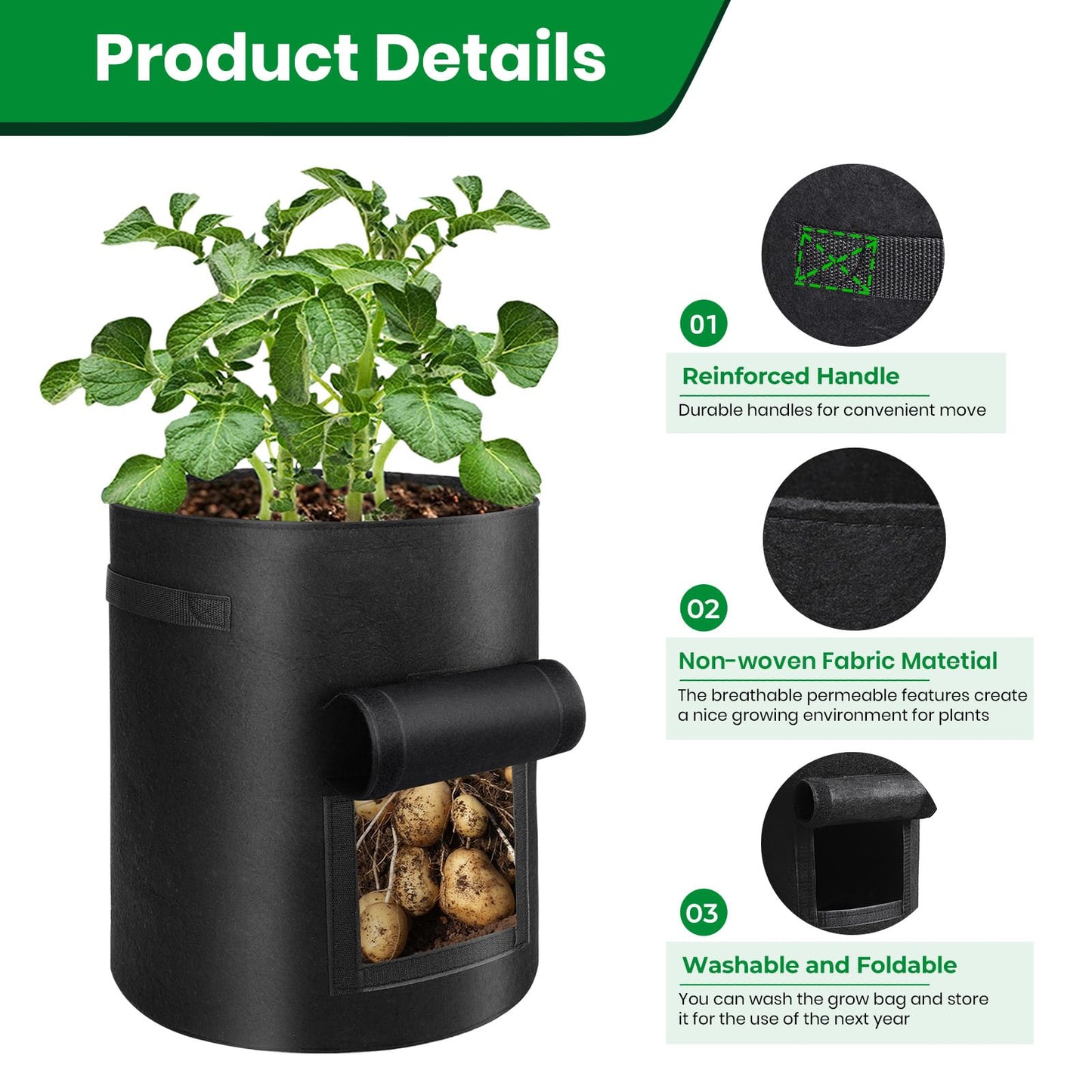 6 Pack Grow Bags, 10 Gallon Potato Growing Bags Breathable Fabric Vegetable Planter Bag with Flap and Handles Large Garden Pots Potato Growing Containers for Vegetables, Fruits and More, Black