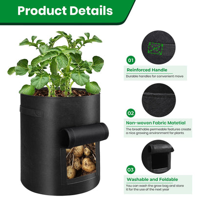 6 Pack Grow Bags, 10 Gallon Potato Growing Bags Breathable Fabric Vegetable Planter Bag with Flap and Handles Large Garden Pots Potato Growing Containers for Vegetables, Fruits and More, Black
