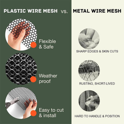 Plastic Chicken Wire Mesh Fence Roll - BEFYUS 15.7IN x 16.4FT Garden Fencing Animal Barrier with Zip Tie，Temporary Use Poultry Wires Netting for Pet,Dogs,Deer Rabbit (Black)