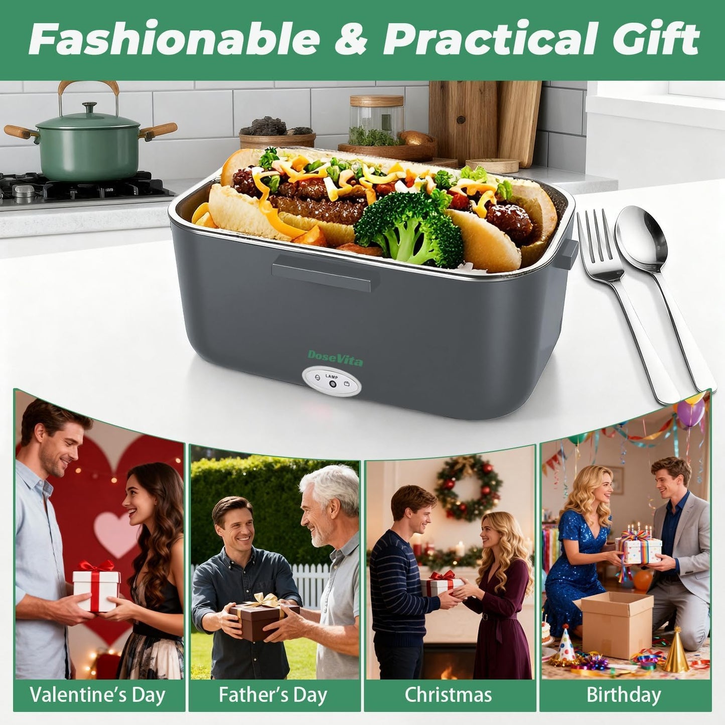 Dosevita Electric Lunch Box for Adults, 80W Heated Lunch Box 1.5L 304 Stainless Steel Portable Food Warmer,12/24/110V Lonchera Eléctrica Portátil for Car, Truck, Work, Travel (Green1)