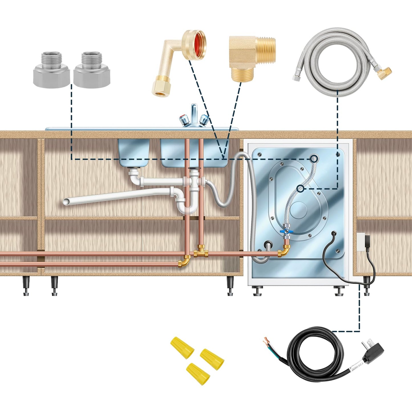 Solimeta Universal Dishwasher Installation Kit with 6 ft Stainless Steel Hose and Power Cord