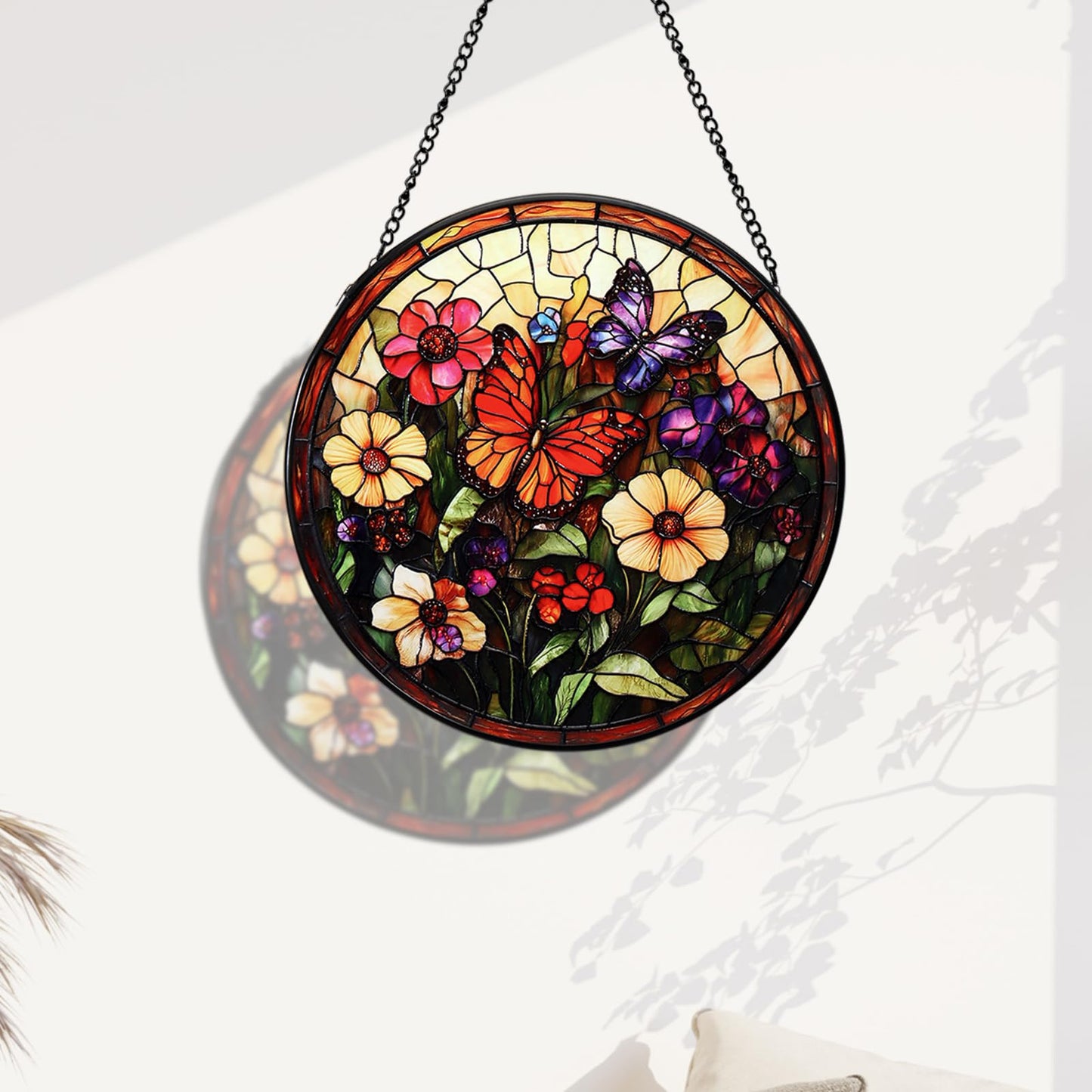 UXORSN Butterfly Faux Stained Glass Window Hanging Suncatcher 6 Inch Gifts for Mom Photo Family Portrait Handmade Sun Catcher Wall Art Home Decor for Women Garden Home Thanksgiving Christmas