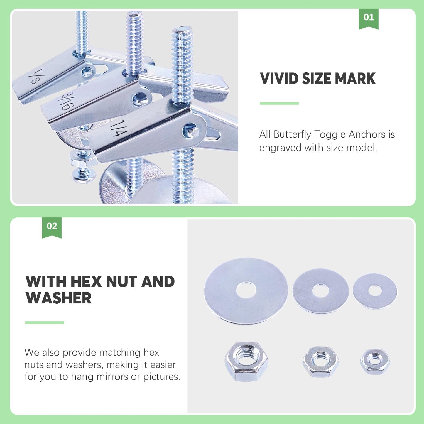 Keadic 48Pcs 3 Sizes Toggle Bolt Assortment Set 1/8'', 3/16'', 1/4'' Toggle Anchors with Wing Nut and Hex Nuts, Washers, Hollow Drywall Anchors Screw Kit for Frames Shelves Hanging Heavy Items