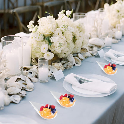 LIOUCBD 200Pcs Tear Drop Mini Appetizer Plates, Plastic Dessert Cups, Clear Tasting Spoons, Disposable Asian Spoon for Serving Small Desserts Cakes Bowls Appetizers Sample Serving Party