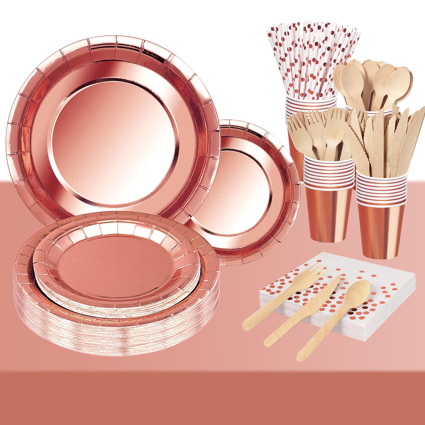 Nkaiso 193 Piece Rosegold Party Tableware, Party Paper Plates and Cutlery Set Includes Plates Cups Dinnerware Napkins, for Birthday Wedding Babyshower Decorations Supplies-24 Guests