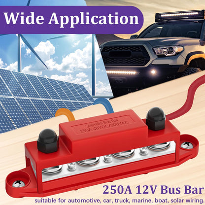 250A 12V Bus Bar Marine 12V,Power Distribution Block with Cover with 4 x 3/8”Post 6 x #8 Screws Terminals,Battery Bus Bar with 4PCS Battery Lugs and 4PCS Heat Shrink Tubing for Car Boat Solar Wiring