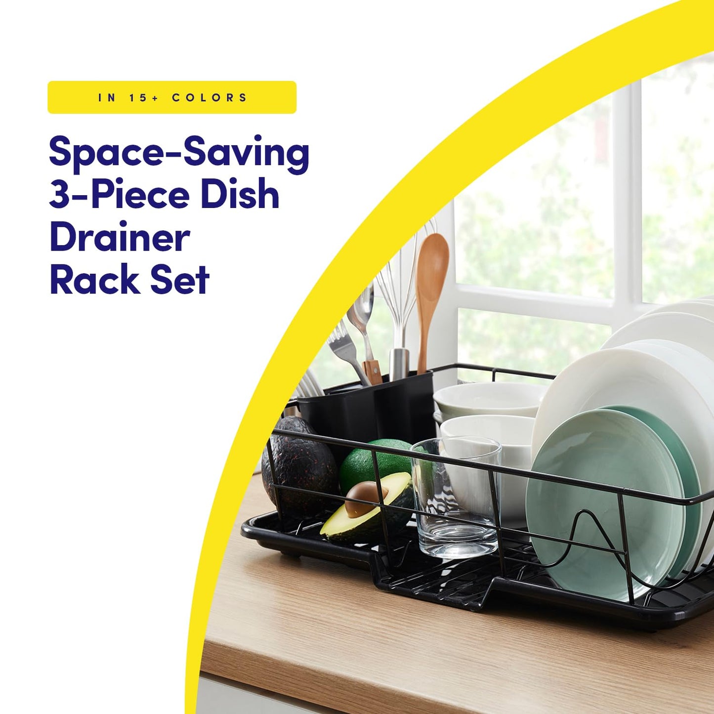 Sweet Home Collection Space-Saving 3-Piece Dish Drainer Rack Set: Efficient Kitchen Organizer for Quick Drying and Storage - Includes Cutlery Holder and Drainboard - Maximize Countertop Space, Black