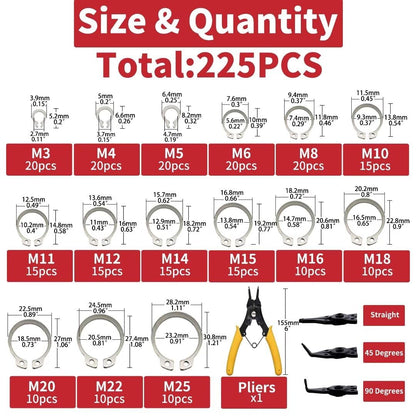 225-Pc Snap Ring Kit with Pliers - 15 Sizes (M3 to M25), 304 Stainless Steel - Essential for Canadian DIYers, Mechanics & Engineers