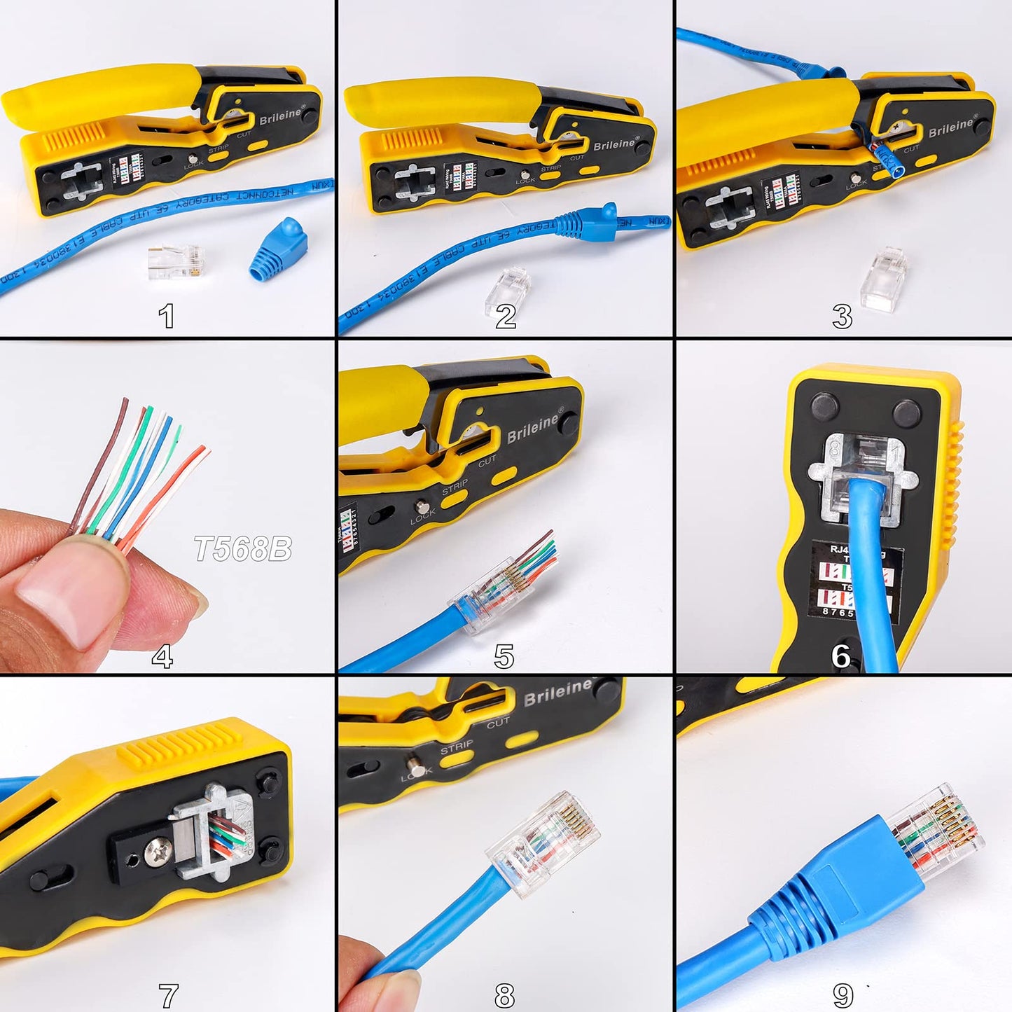 Brileine RJ45 Crimp Tool Pass Through RJ45 Crimper All-in-one Ethernet Crimper Kit with 50PCS Cat5e Cat6 RJ45 Pass Through Connectors, 50PCS Covers, Mini Wire Stripper