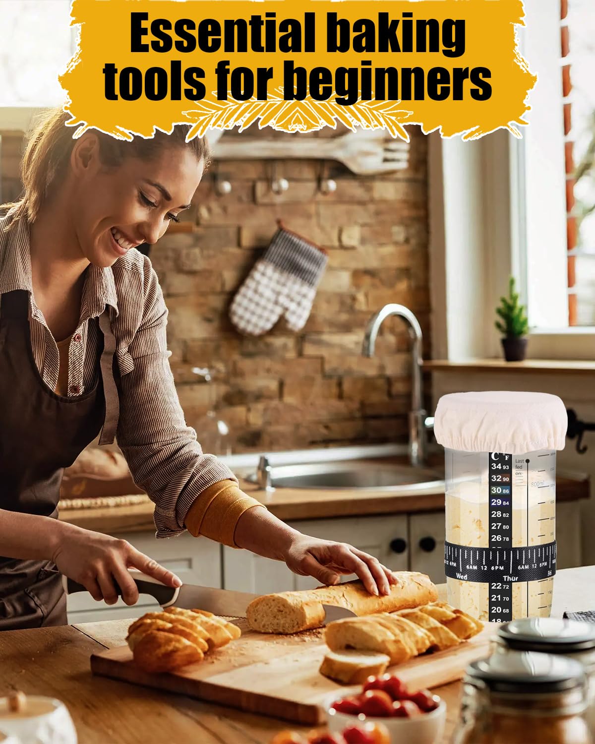 Sourdough Starter Jar 2 Pack, 24oz/650ml Sourdough Starter Kit with Date Marked Feeding Band, Thermometer, Silicone Scraper, Cloth Cover and Metal Lid for Sourdough Bread Baking Supplies