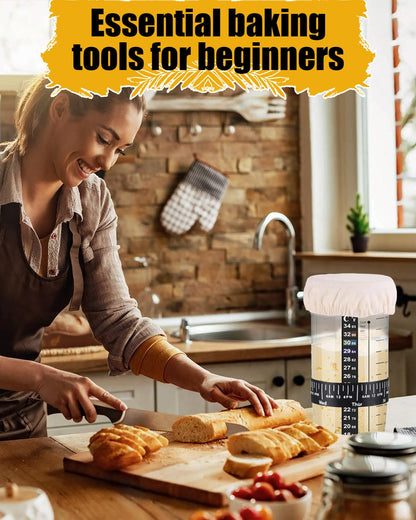 Sourdough Starter Jar 2 Pack, 24oz/650ml Sourdough Starter Kit with Date Marked Feeding Band, Thermometer, Silicone Scraper, Cloth Cover and Metal Lid for Sourdough Bread Baking Supplies