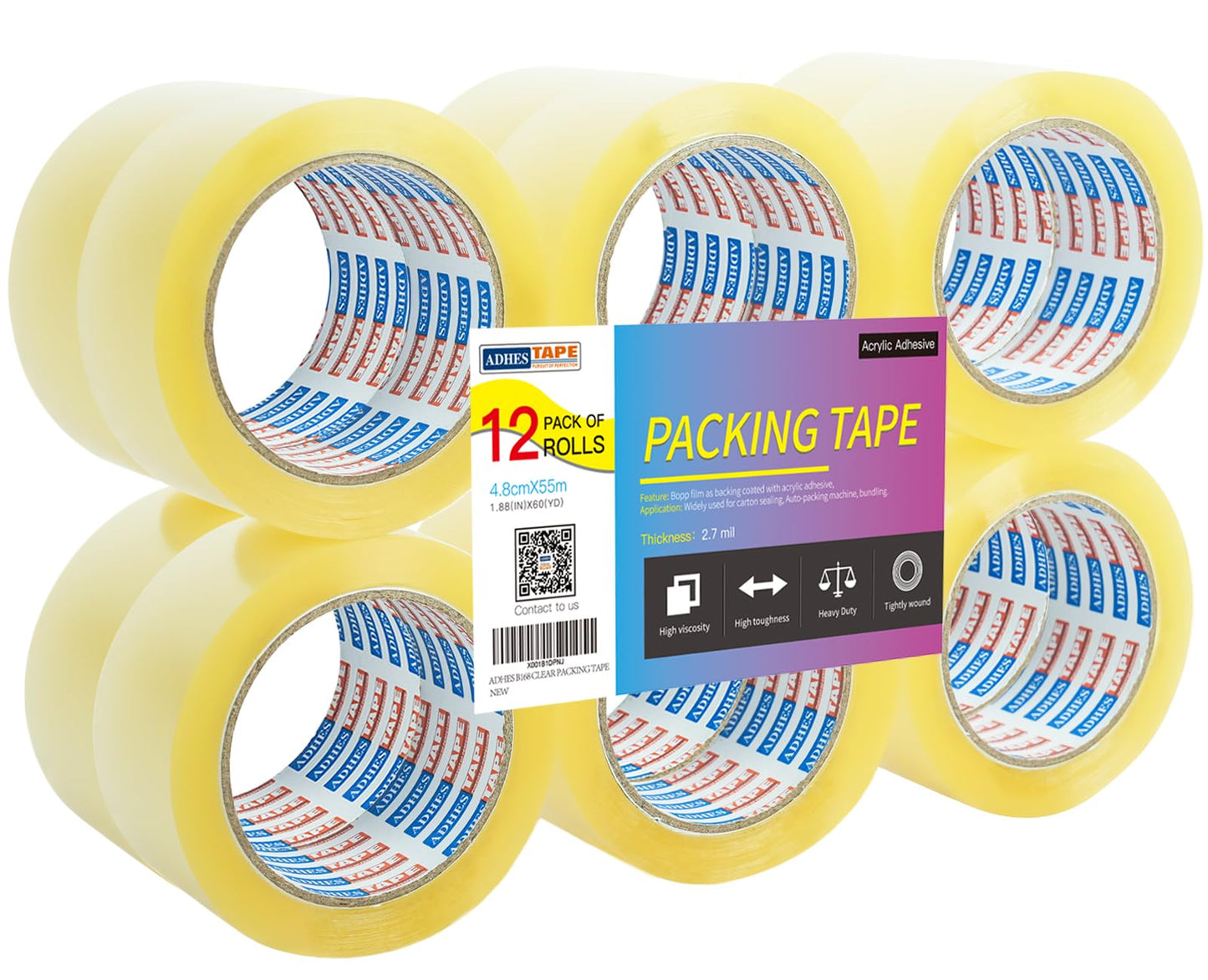 ADHES Packing Tape Shipping Tape Packaging Tape for Moving Boxes, 60yard Per Roll 1.88inch Width 2.7Mil Thickness(12Rolls)