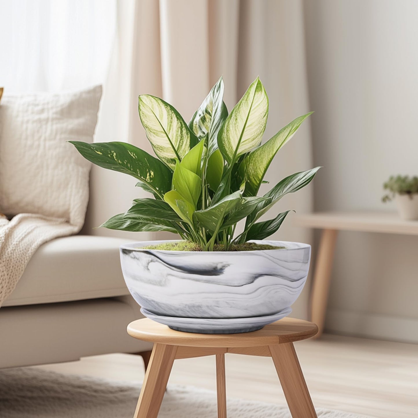 8in Marble Large Round Succulent Planter Pot Modern Flower Pot Indoor and Outdoor Planter with Marble Tray