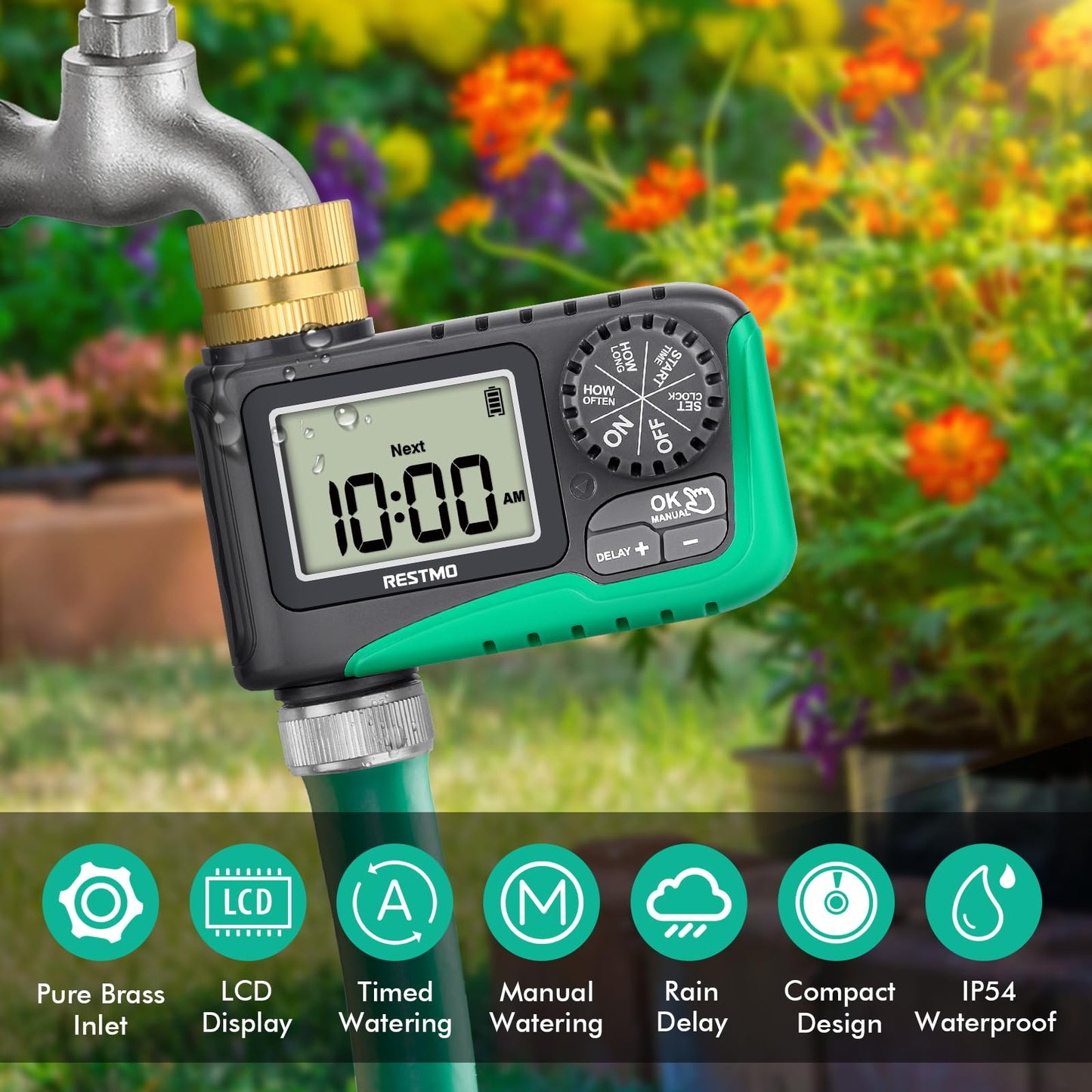 RESTMO Water Timer with Brass Inlet, Programmable Sprinkler Timer for Garden Hose, Automatic Digital Control | Manual ON/Off | Rain Delay, for Outdoor Faucet, Drip Irrigation and Lawn Watering System