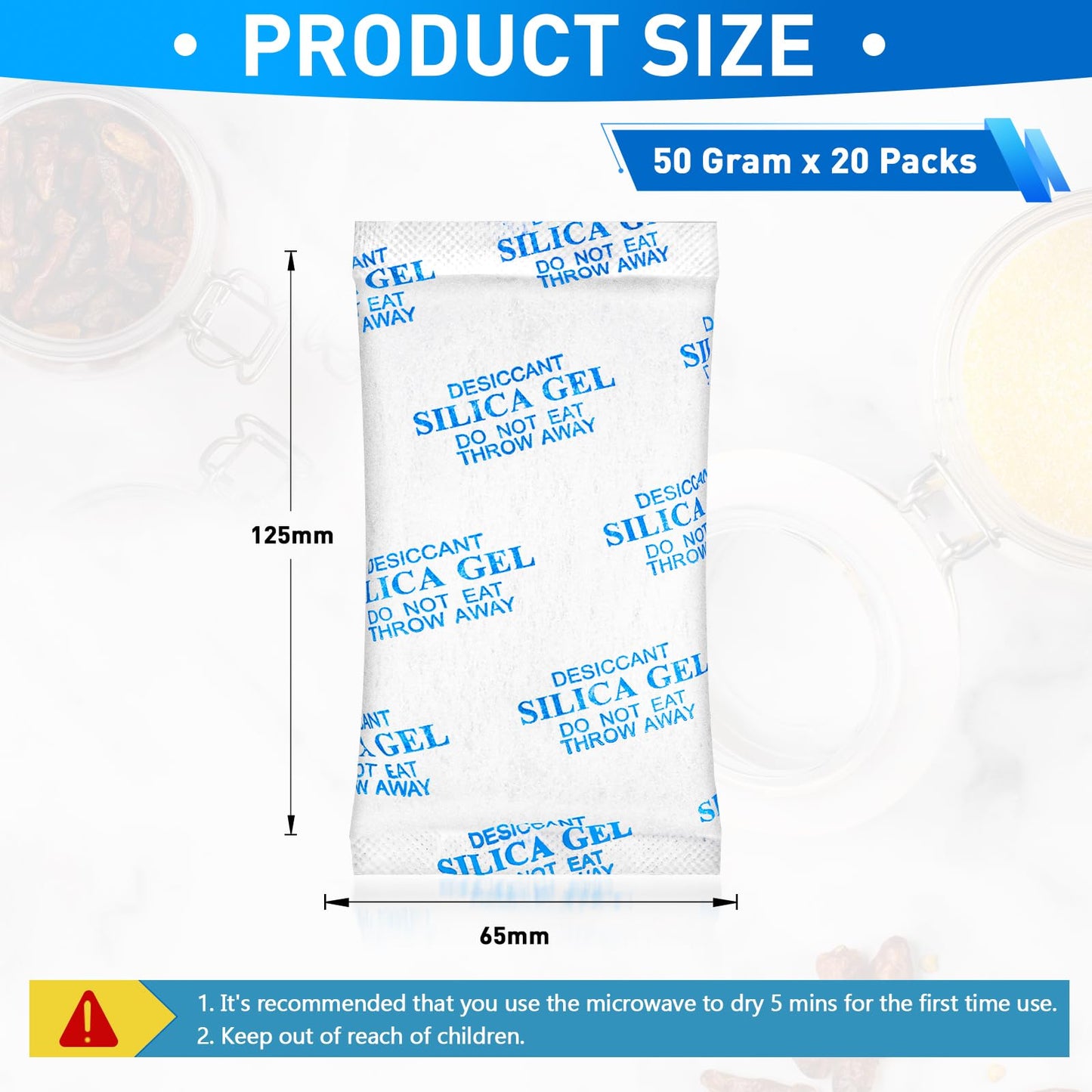 Yeather 50 Gram 20 Packets Silica Gel Packets - Food Safe Reusable Desiccant Moisture Absorbers Dehumidifiers for Spices, Jewelry, Shoeboxes, Electronics Storage