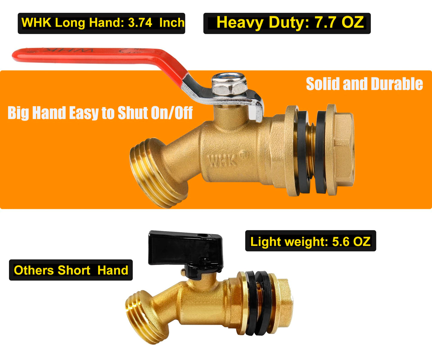 WHK Rain Barrel Spigot Kit - 1/4 Turn Brass Spigot with Long Handle for 5/55 Gallon Bucket or Rain Barrel Water Container