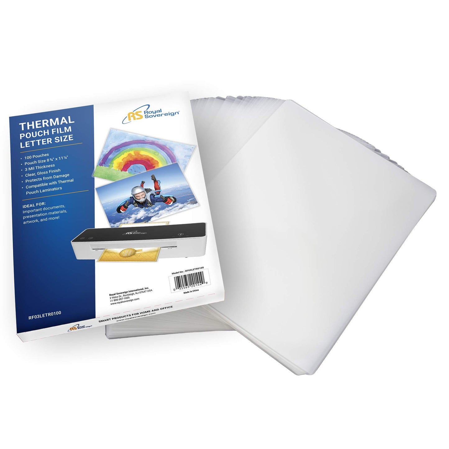 Royal Sovereign Thermal Laminating Sheets, 9” x 11.2” Letter Size Pouches Clear Gloss, 3 Mil 200-Pack (RF03LETR0200)