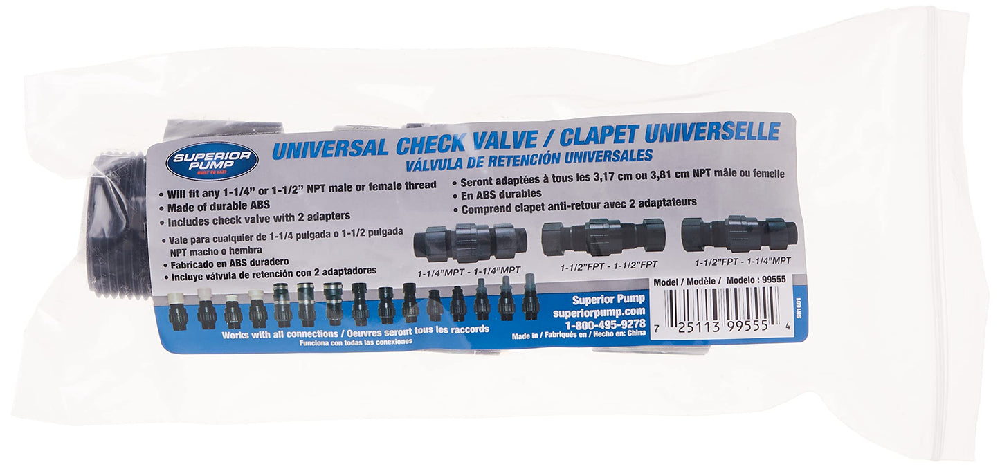 Superior Pump 99555 Universal Check Valve; fits all: 1-1/4" and 1-1/2" MPT and FPT , Black