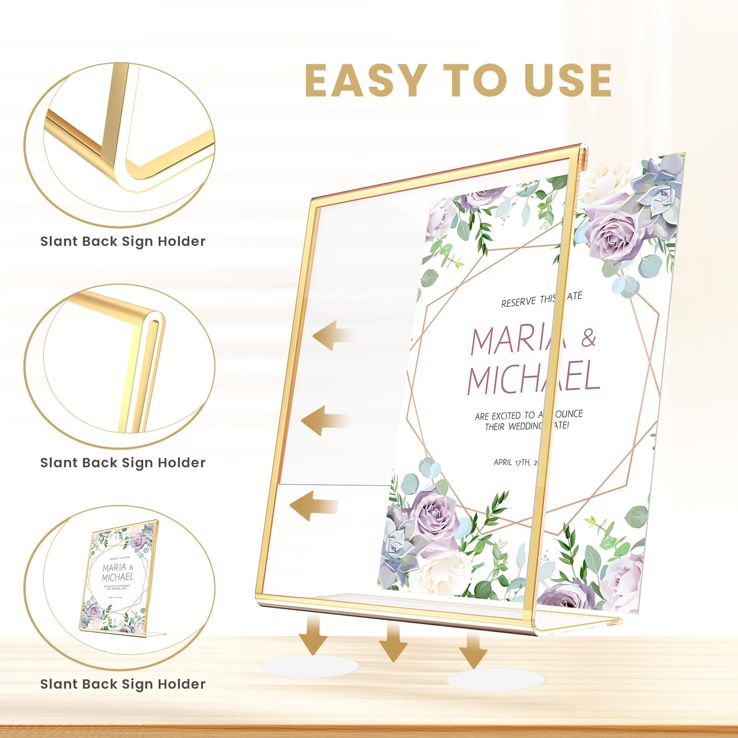 YOAEAILY Acrylic Gold Frames 8 x10, Slanted Back Gold Picture Frames Table Acrylic Sign Holder for Photos Wedding Table Numbers and Art Display with Removable Clear Sticky Dots