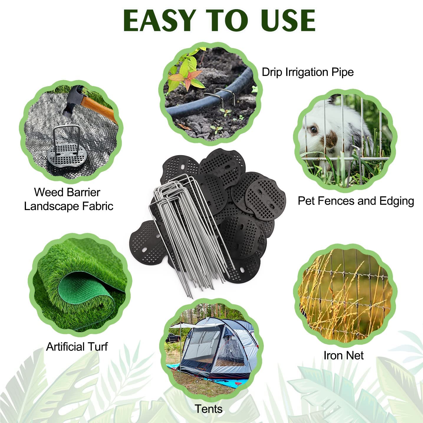 100 Pack 6 Inch Garden Staples with 100 Fixing Gasket Galvanized Landscape Stakes Anti-Rust U-Shape Metal Pins SOD Yard Stakes for Gardening Landscaping Weed Barrier Fabric, Soaker Hose