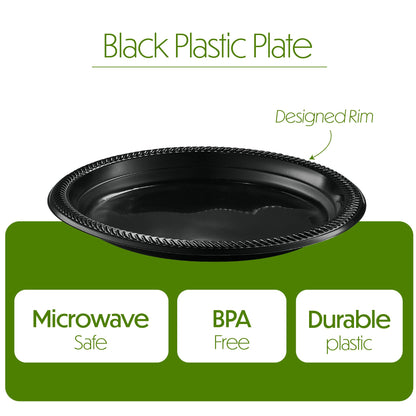 PLASTICPRO 100 PCS Black Plastic Plates Light Weight 9 Inch Plastic Dinner Plates Black Plates Disposable for Party and Wedding