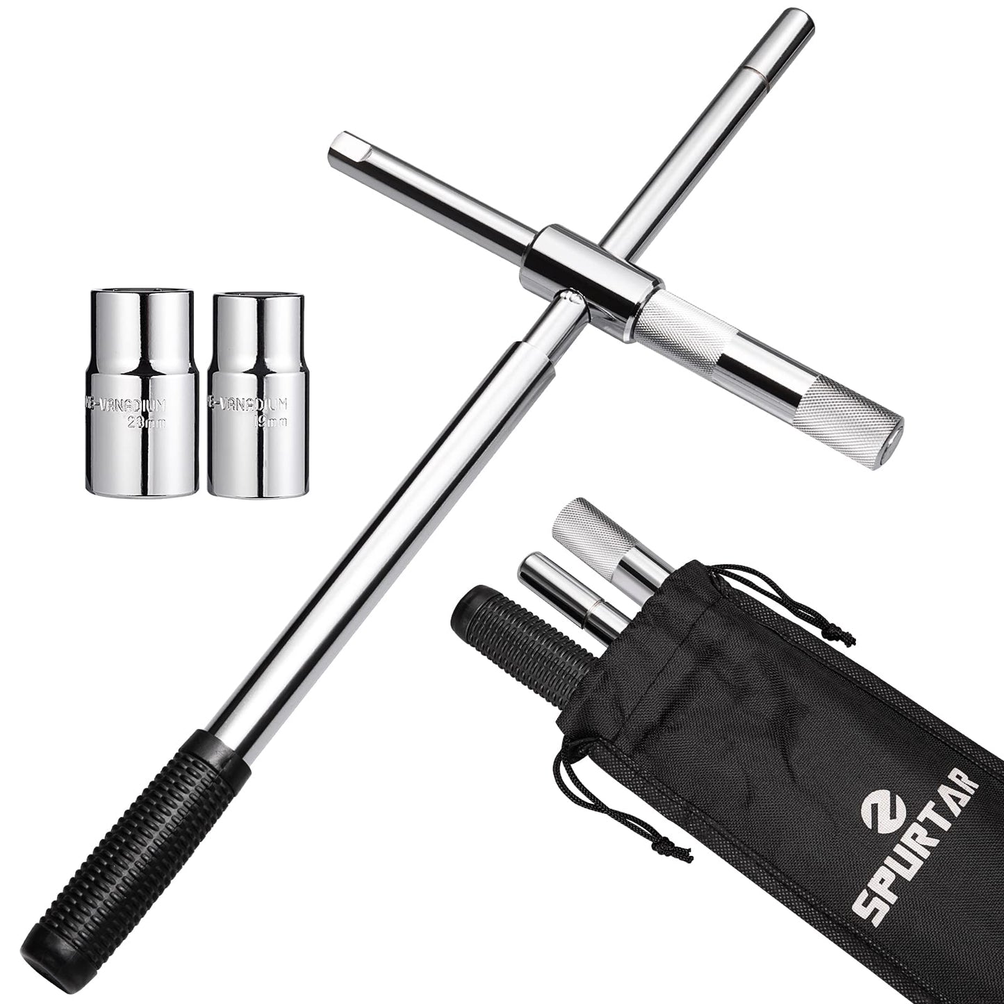 Spurtar 25" Extended Lug Wrench, Heavy Duty Lug Nut Remover Tool, Universal 4 Way Tire Iron Wrench with Standard Sockets (17/19, 21/23mm) and Oxford Storage Bag