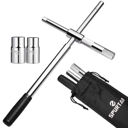 Spurtar 25" Extended Lug Wrench, Heavy Duty Lug Nut Remover Tool, Universal 4 Way Tire Iron Wrench with Standard Sockets (17/19, 21/23mm) and Oxford Storage Bag