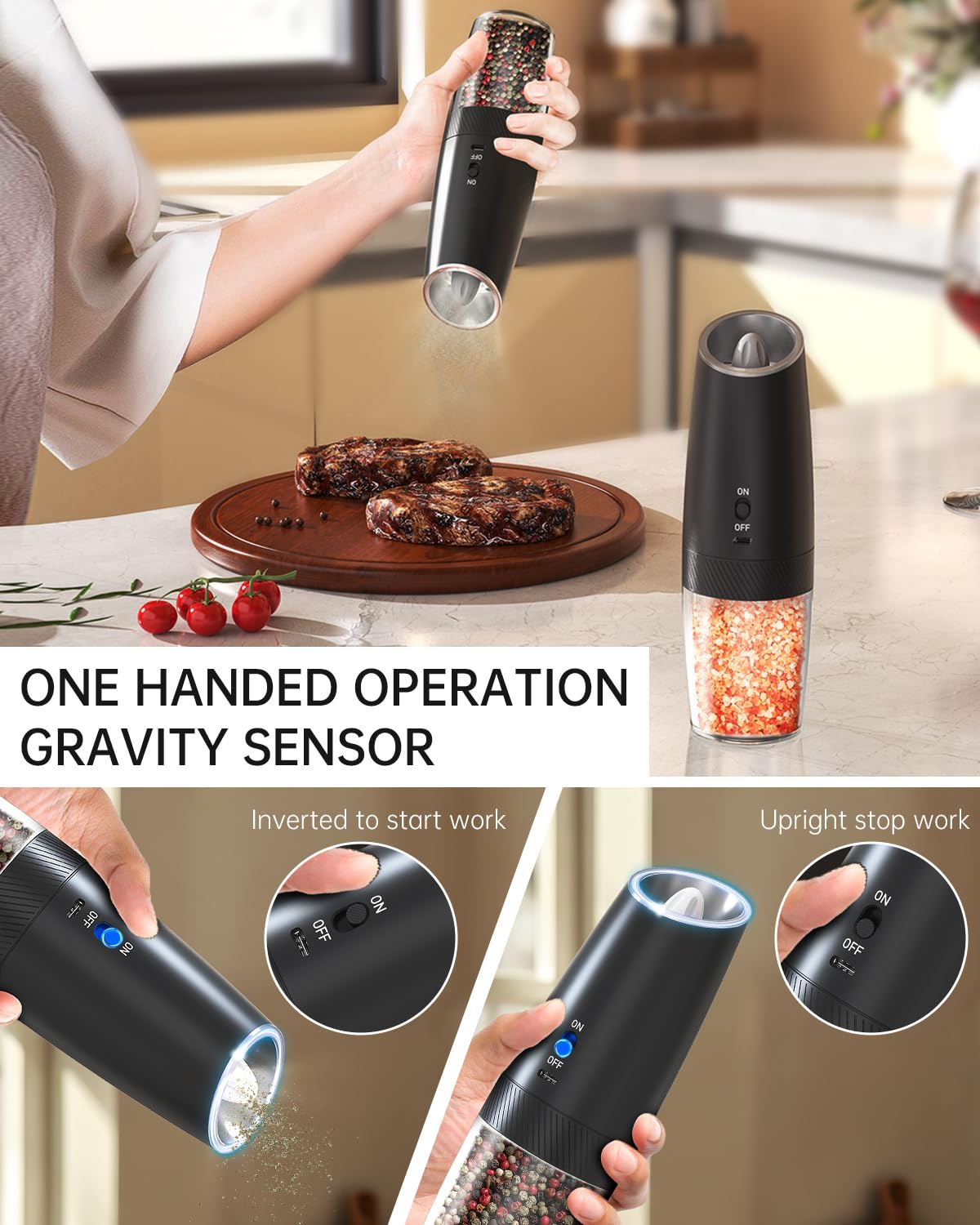 CIRCLE JOY Electric Pepper Grinder Rechargeable Gravity Sensor Pepper Mill with Adjustable Coarseness, Led Light, Upgraded Large Capacity Spice Ginder for Home Restaurant