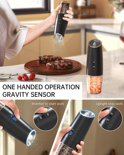 CIRCLE JOY Electric Pepper Grinder Rechargeable Gravity Sensor Pepper Mill with Adjustable Coarseness, Led Light, Upgraded Large Capacity Spice Ginder for Home Restaurant