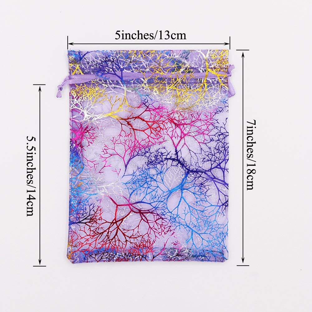 SumDirect 100Pcs 5x7 Inches Organza Gift Bags with Drawstring Jewelry Favor Pouches with Coralline Printing for Gift, Wedding, Party, Festival, Birthday