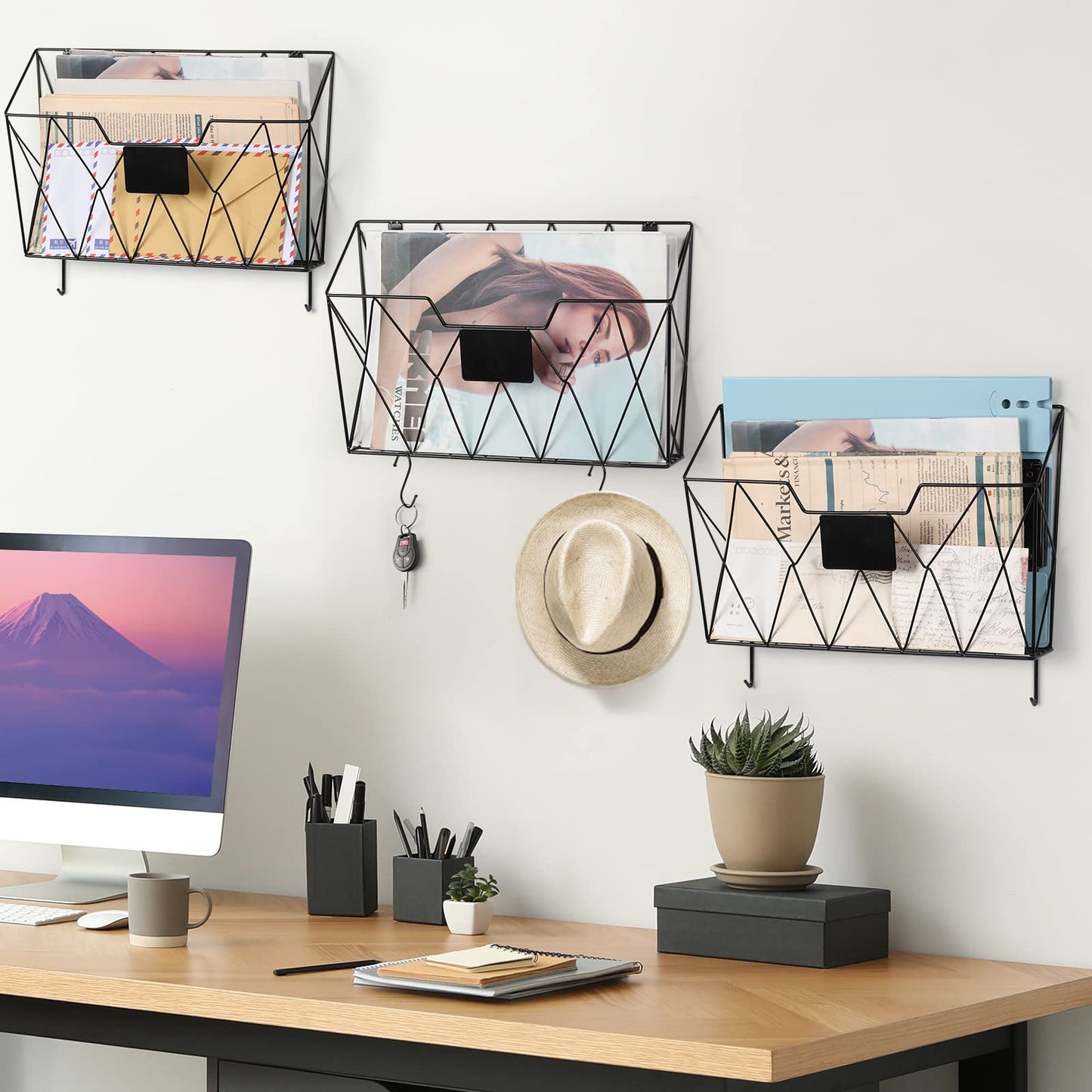 YBING Wall File Organizer for Office Hanging Wall File Holder and Basket Set of 3 Wall Mounted File Rack with Hooks Metal Wall Storage for Office Living Room, Black