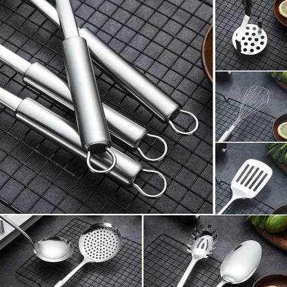 Berglander Stainless Steel Kitchen Utensil 7 Piece with 1 Stand, Slotted Tuner, Ladle, Skimmer, Serving Spoon, Pasta Server,Potato Maseher, Egg Whisk. Kitchen Tool Set. Kitchenware with Holder.