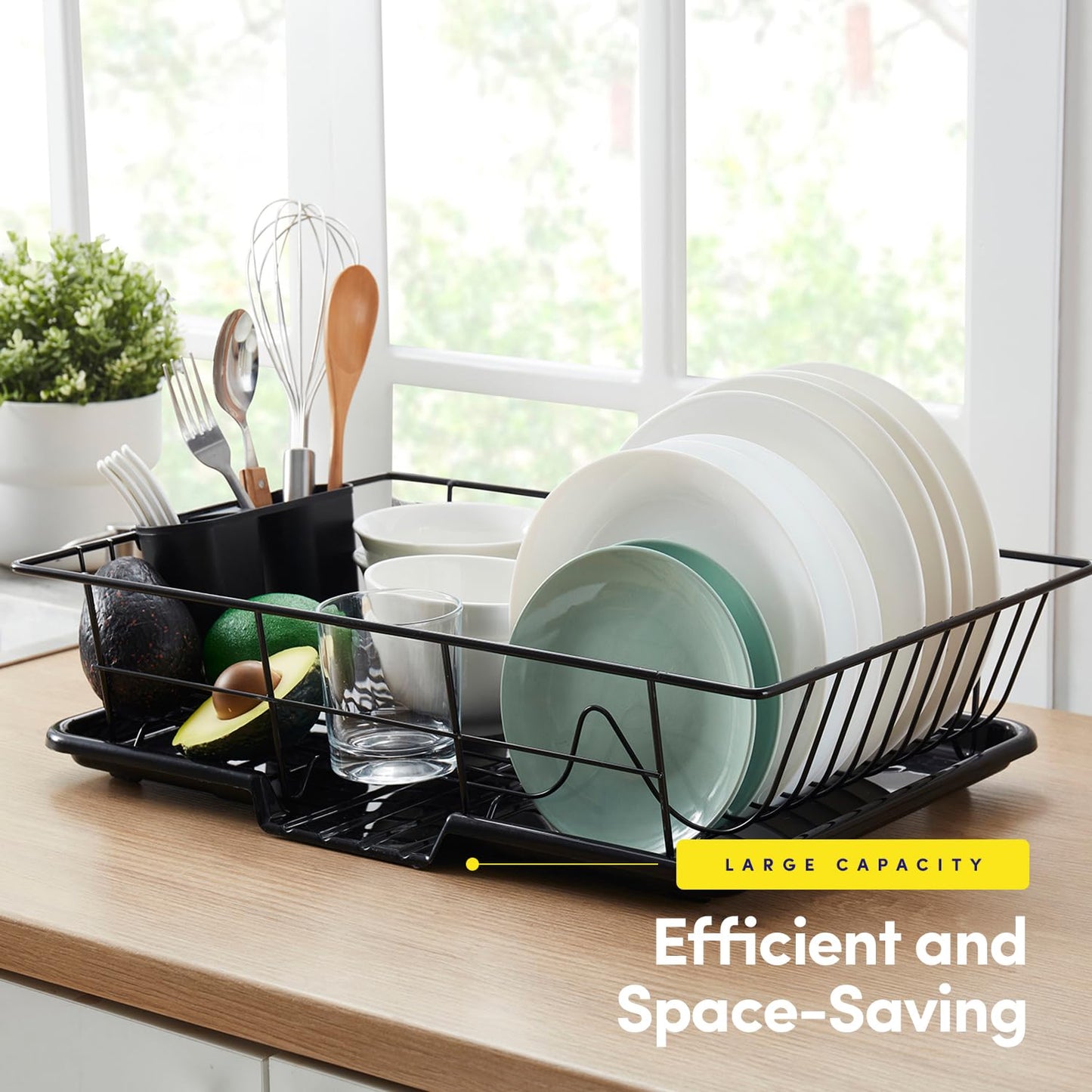 Sweet Home Collection Space-Saving 3-Piece Dish Drainer Rack Set: Efficient Kitchen Organizer for Quick Drying and Storage - Includes Cutlery Holder and Drainboard - Maximize Countertop Space, Black