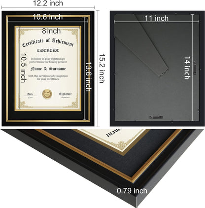 CREKERT Diploma Frame 11x14 College Degree Frame Solid Wood Shatter-Resistant Glass for Documents Certificate Blackgold Frame 8.5x11 with Mat (Black Mat, 1 Pack)