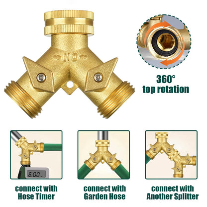 Brass Hose Splitter 2 Way, Heavy Duty Garden Hose Y Splitter with 2 Hose Protectors 6 Extra Rubber Washers