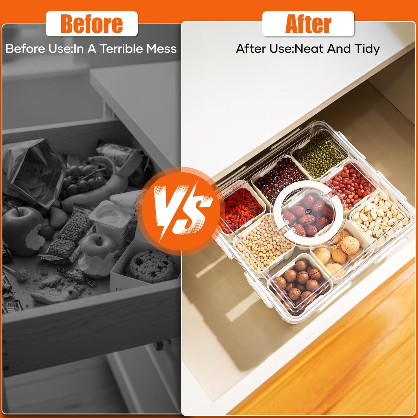 Divided Snackle Box - 9 Compartments Serving Tray with Lid & Handle - Clear Snack Container for Fruits, Candy & Nuts - Suitable for Travel, Parties & Daily Use (9 Inside Containers Dishwasher Safe)