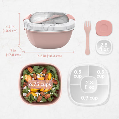 Bentgo Salad - Stackable Lunch Container with Large 54-oz Salad Bowl, 4-Compartment Bento-Style Tray for Toppings, 3-oz Sauce Container for Dressings, Built-in Reusable Fork & BPA-Free (Blush Marble)